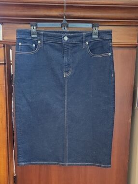 Lauren Ralph Lauren Black Label Dark Wash Denim Zip Midi Skirt Back Slit Size 10